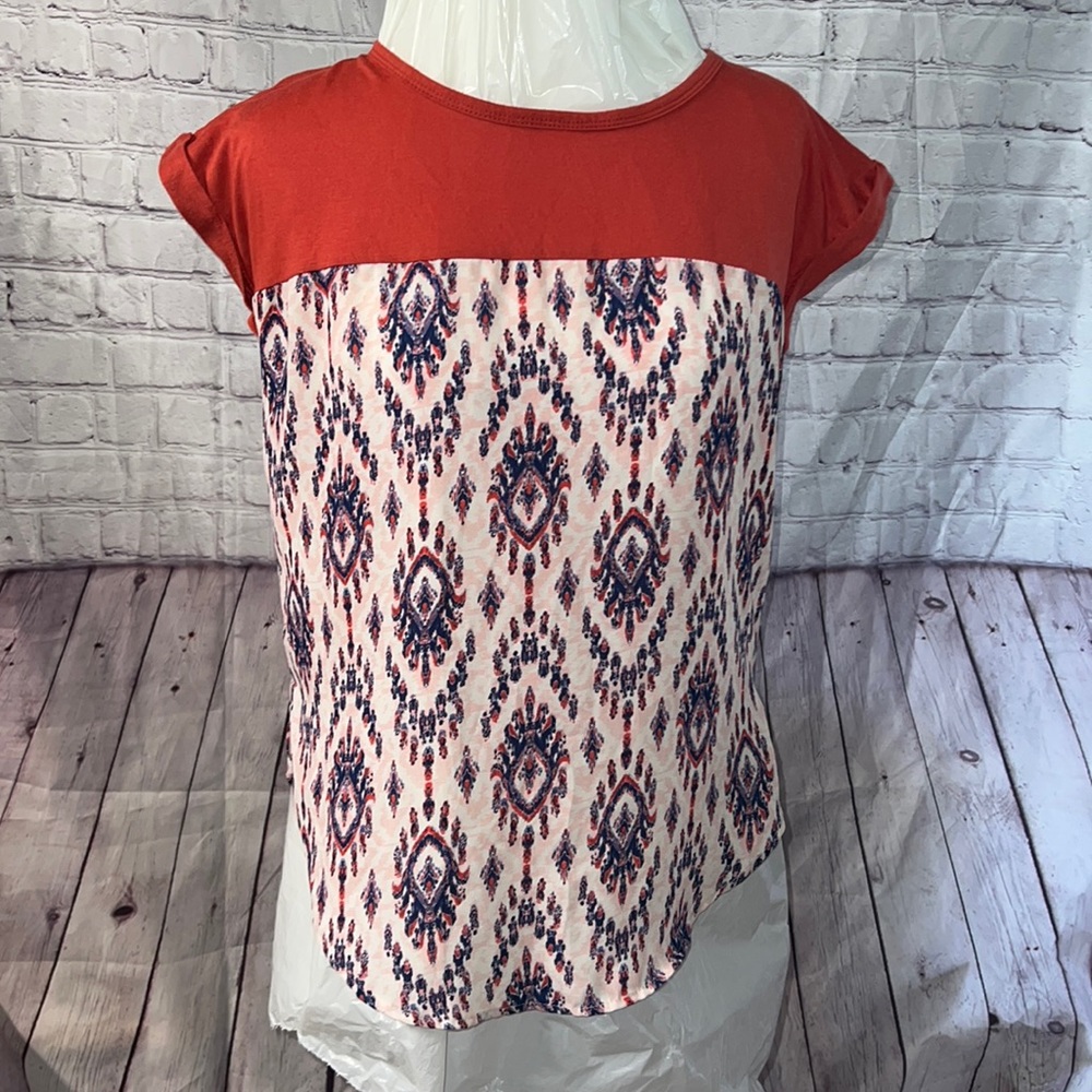 Rewind rust colored top with pink and blue